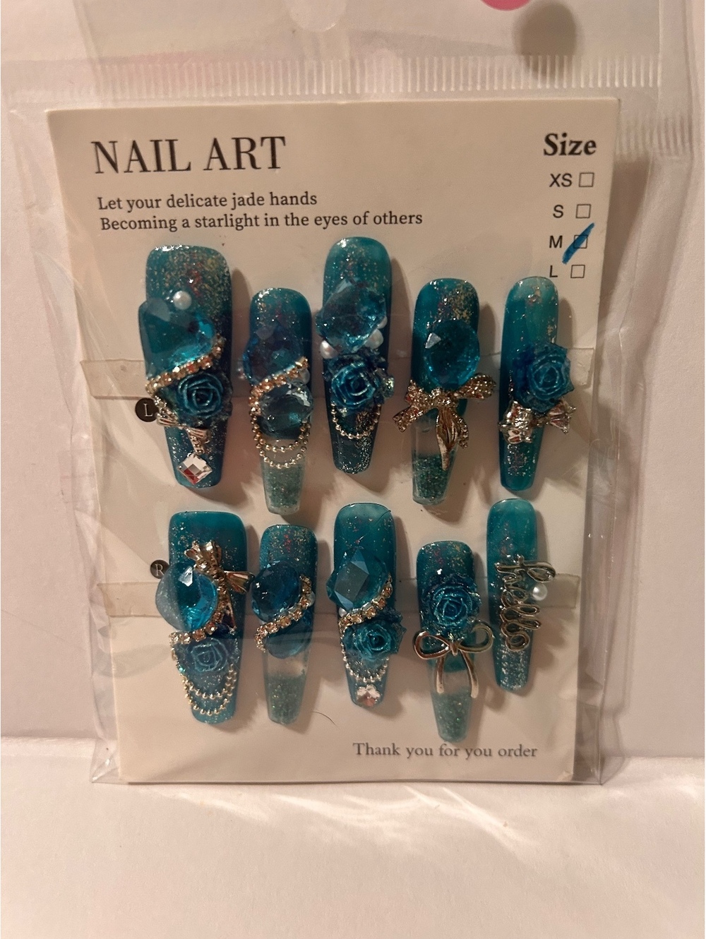 Blue 3D Floral and Rhinestone Embellished Press-On Water Nails Set - Size Large